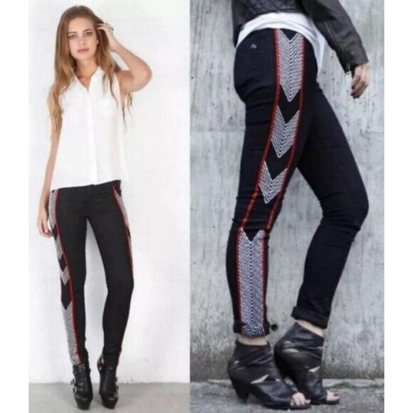 Rag & Bone Raja Midnight Denim Embroidered Side Stretch Skinny Ankle Jeans - Picture 2 of 11
